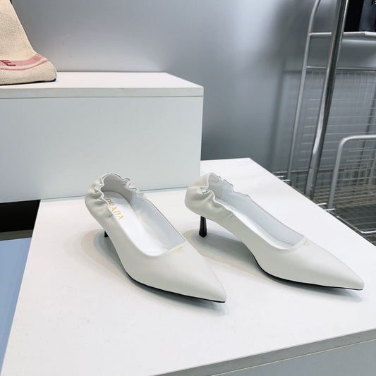 ТУФЛІ PRADA 26S, КАБЛУК 55 ММ, КОЛІР КРЕМОВО-БІЛИЙ, ШКІРА ТЕЛЯТИ