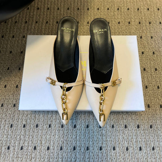 BALMAIN 26S ЗОЛОТИЙ ЛАНЦЮГ МЮЛІ НА ВИСОКИХ ПІДБОРАХ 45 ММ З БЕЖЕВОЇ ШКІРИ ТЕЛЯТИ