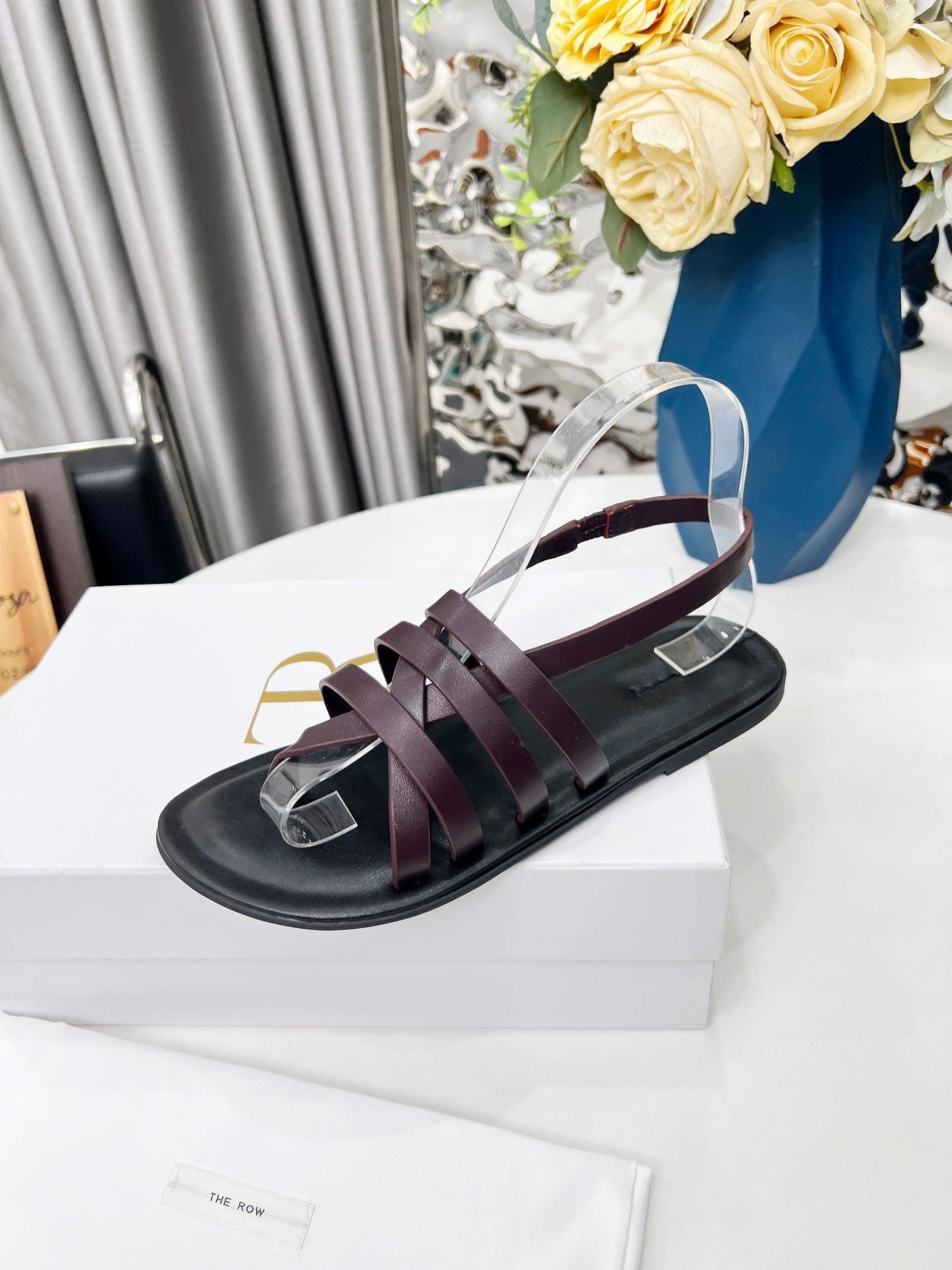 THE ROW 26S MINIMAL STRAPPY FLAT SANDALS IN WINE RED CALFSKIN