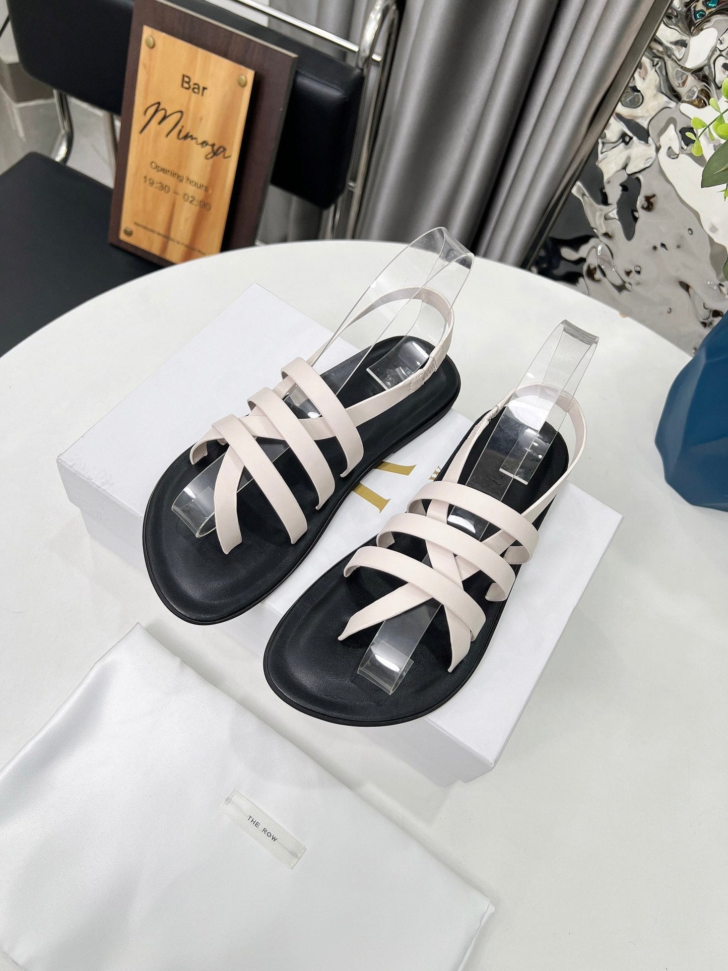 THE ROW 26S MINIMAL STRAPPY FLAT SANDALS IN WHITE CALFSKIN