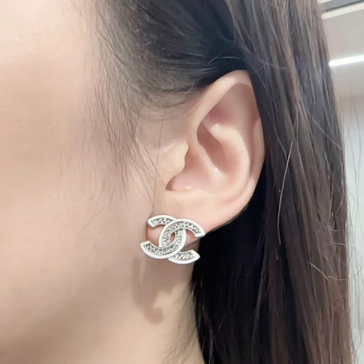 Chanel Stud Earrings Silver White And Crystal ABE867 B19263 NADDV