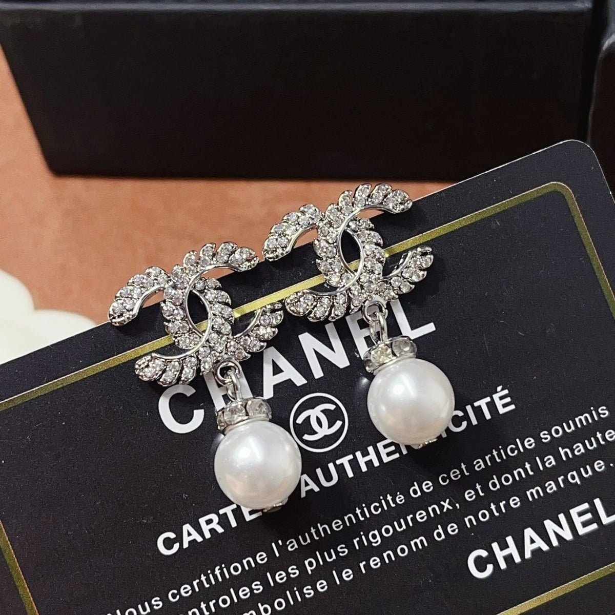Chanel CC Pearl Earrings Silver