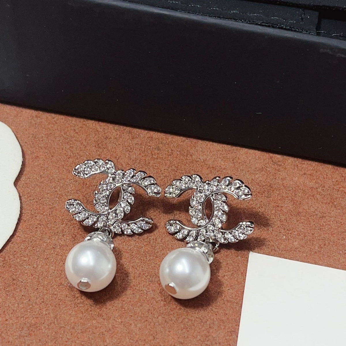 Chanel CC Pearl Earrings Silver