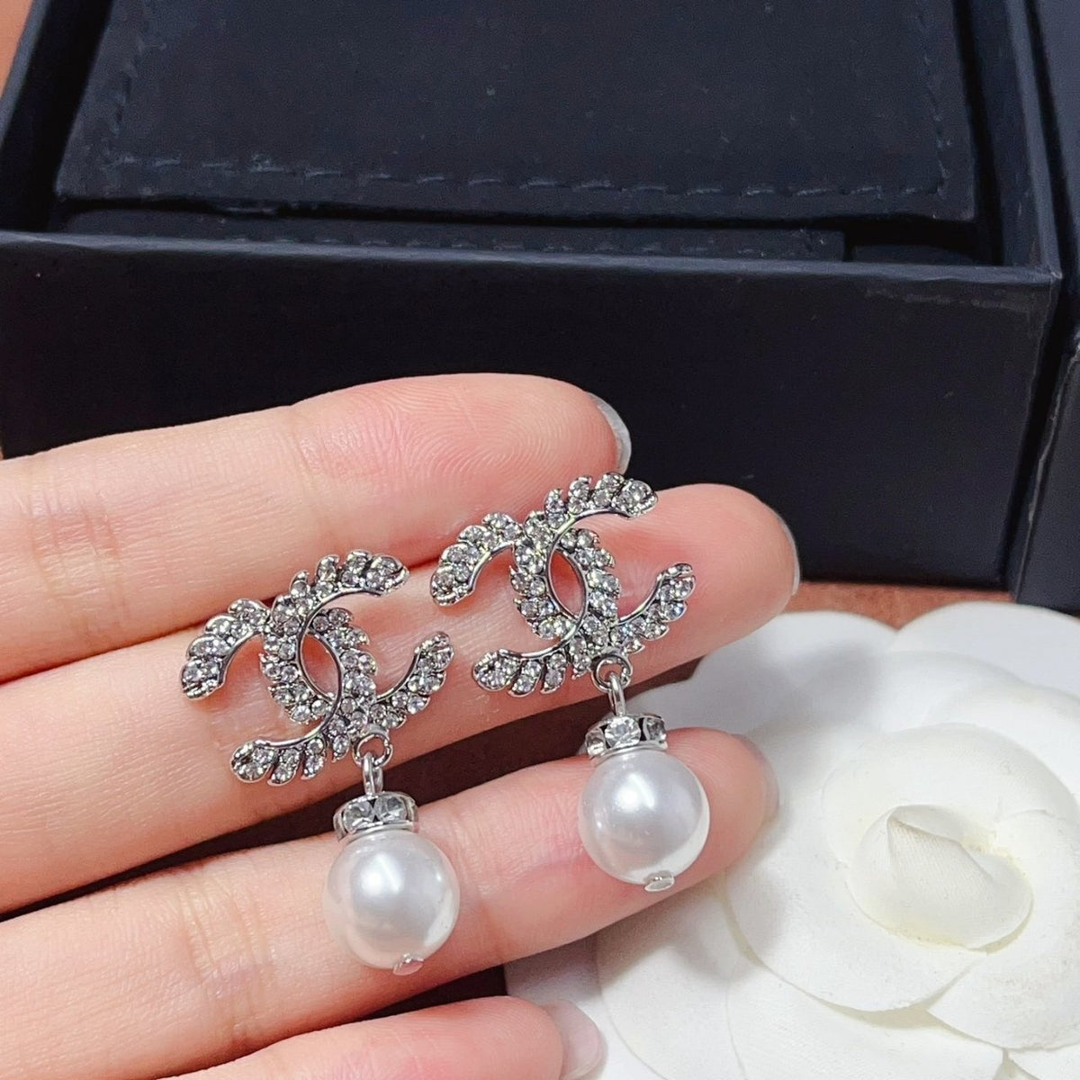 Chanel CC Pearl Earrings Silver