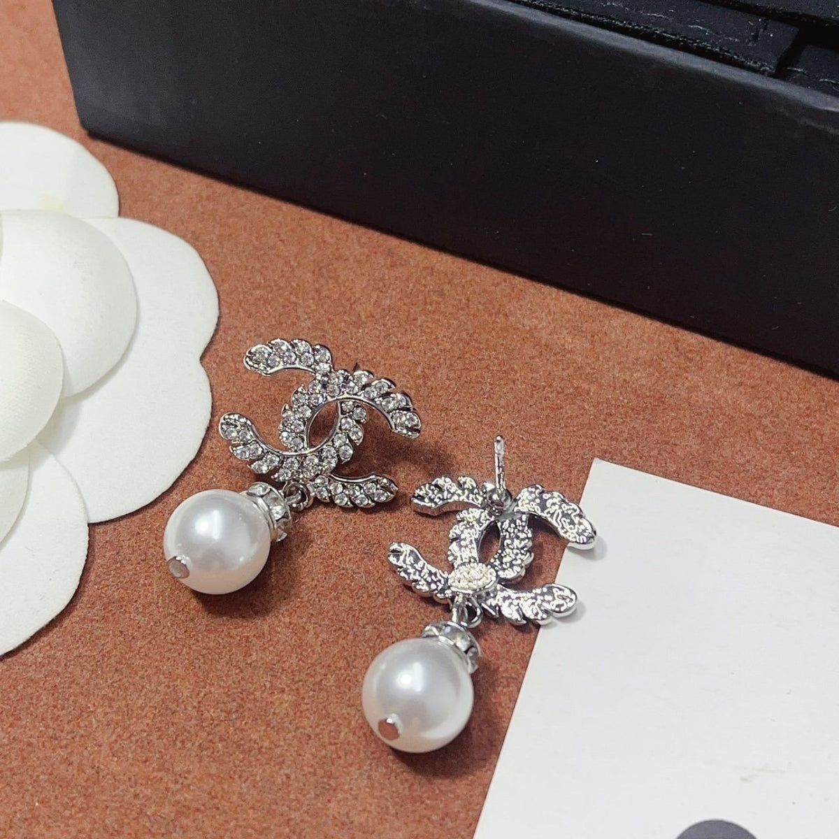 Chanel CC Pearl Earrings Silver