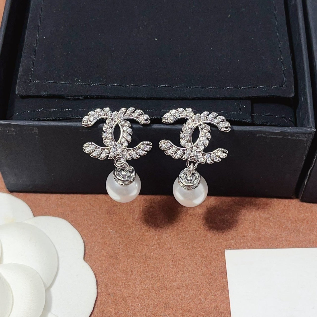 Chanel CC Pearl Earrings Silver