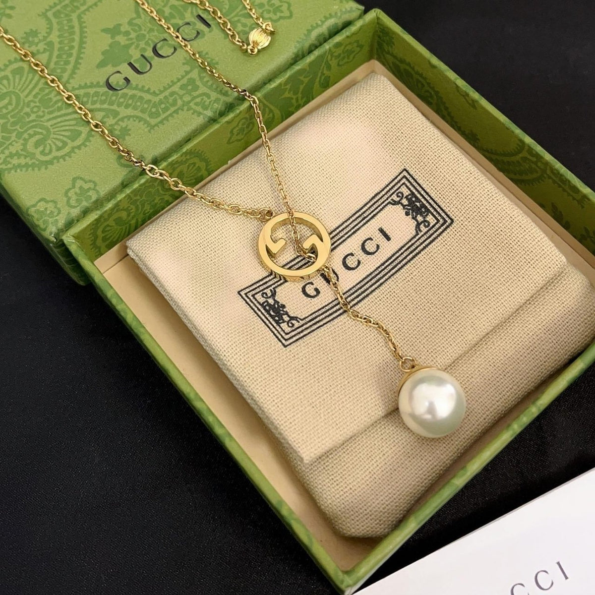 Gucci Blondie Pearl Drop Necklace Gold 774689 I4620 8078