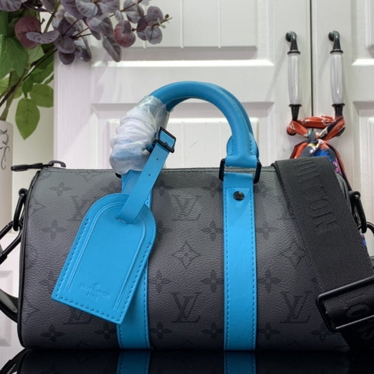 Super Vip 1:1 – Louis Vuitton Keepall Bandoulière 25 Bag Monogram Eclipse Reverse Turquoise 25Cm M11645