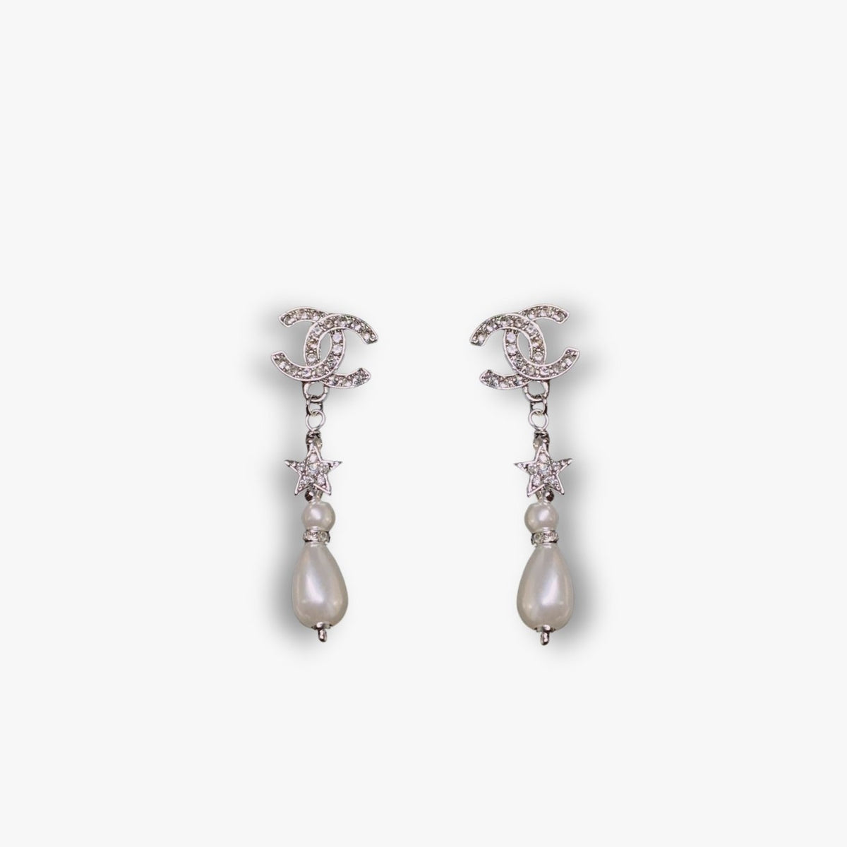 Chanel CC Crystal Star And Pearl Earrings Silver