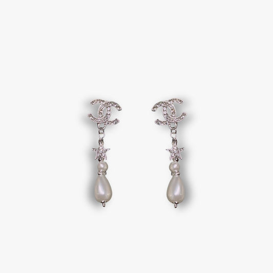 Chanel CC Crystal Star And Pearl Earrings Silver
