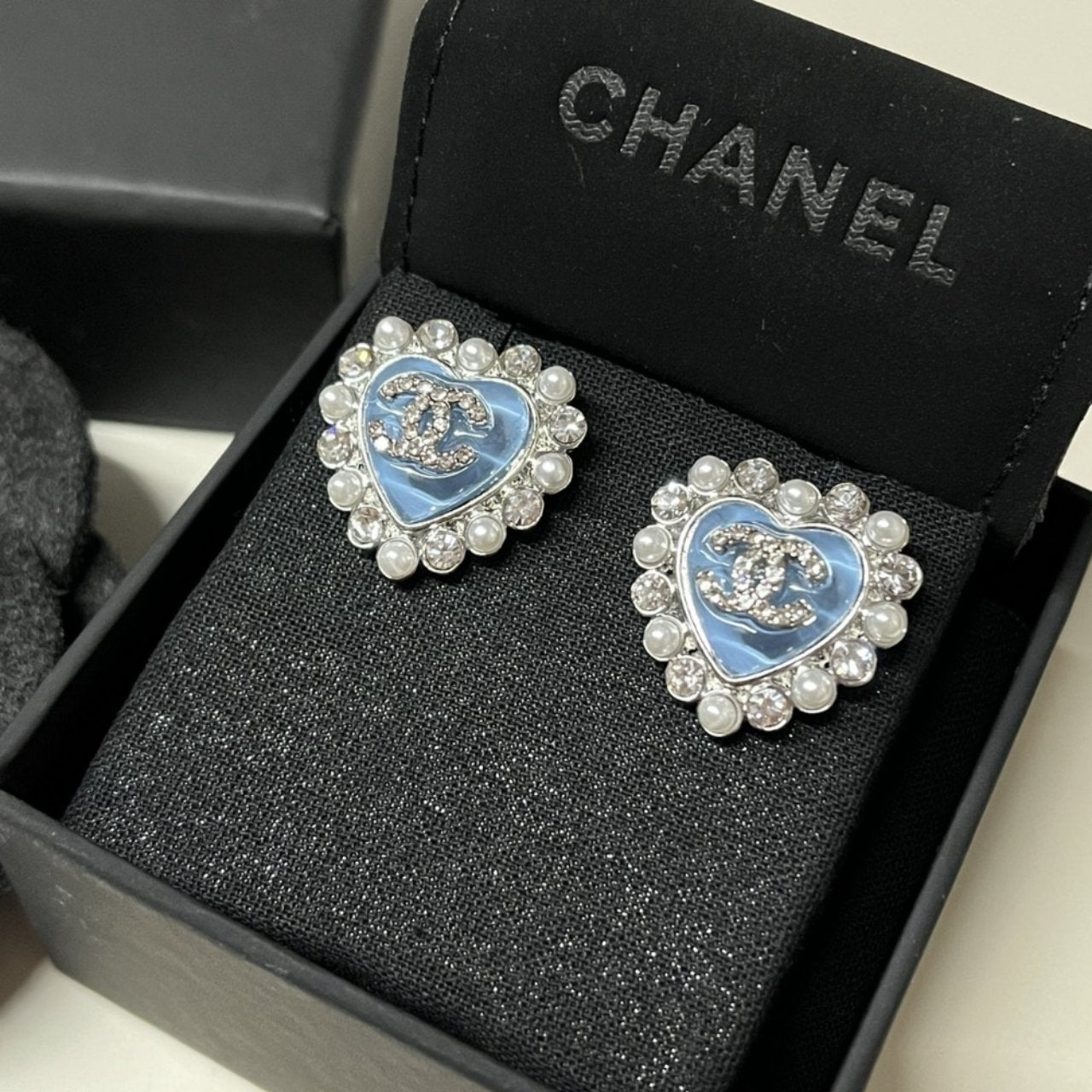 Chanel Heart Motif And Crystal Earrings Blue