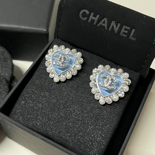 Chanel Heart Motif And Crystal Earrings Blue
