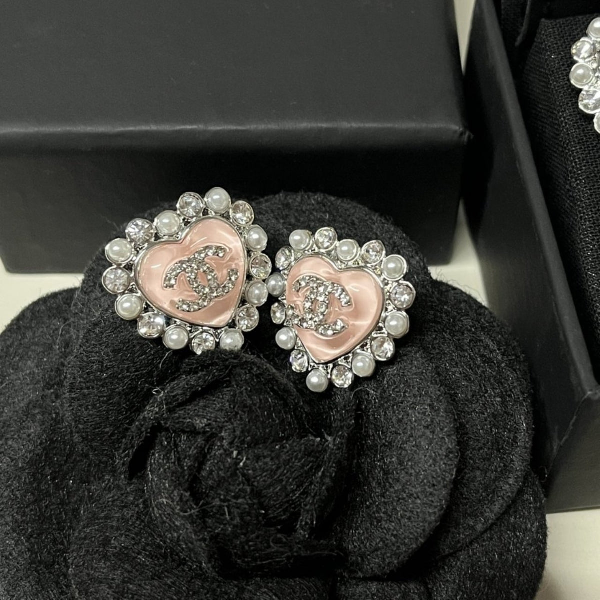 Chanel Heart Motif And Crystal Earrings Pink