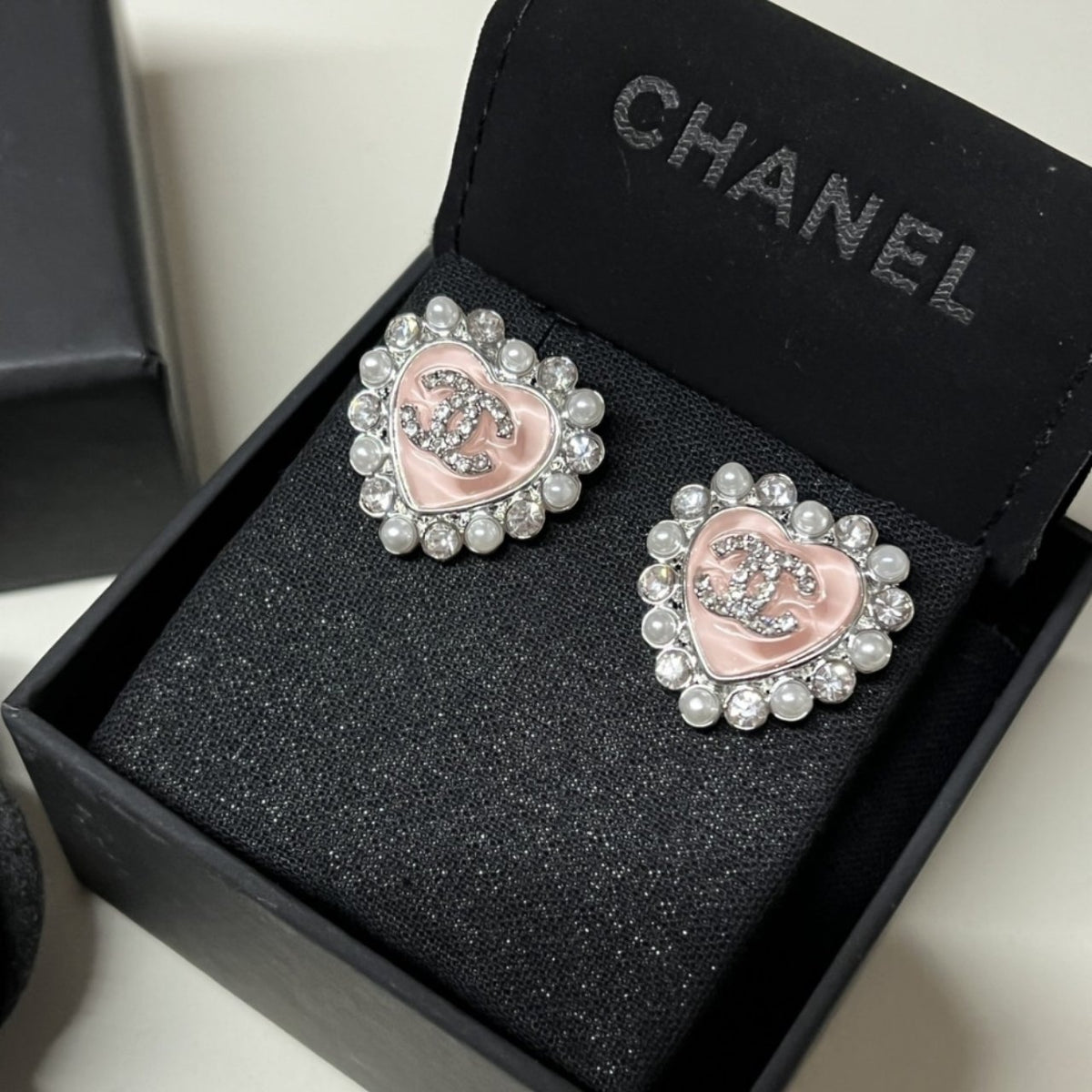 Chanel Heart Motif And Crystal Earrings Pink