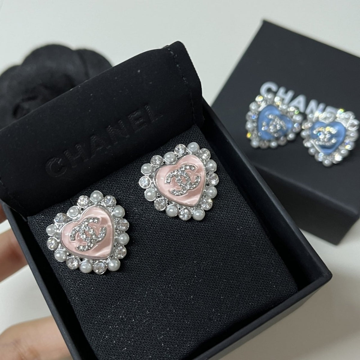 Chanel Heart Motif And Crystal Earrings Pink