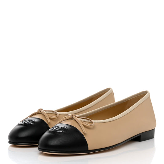 BALLET FLATS BEIGE BLACK LAMBSKIN - 35