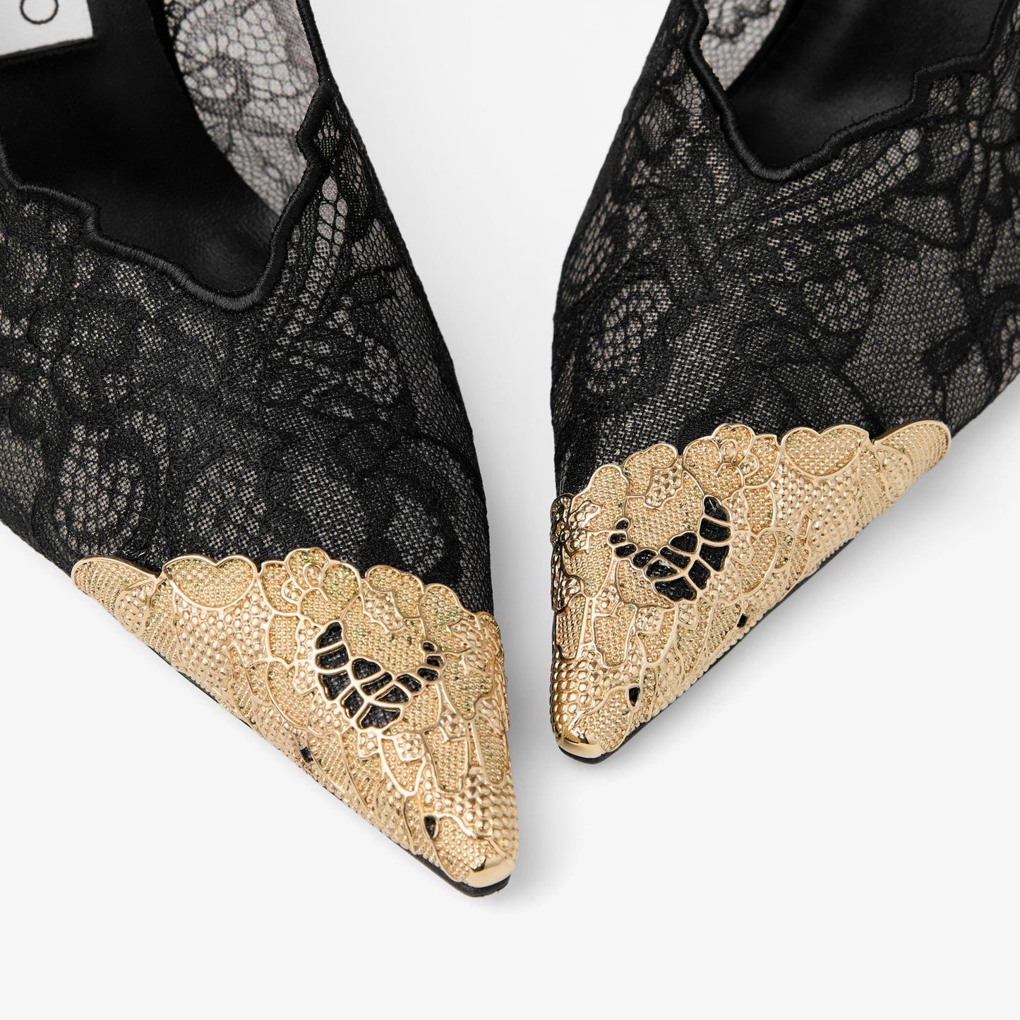 JIMMY CHOO BLACK LACE HEELS WITH GOLD TOE