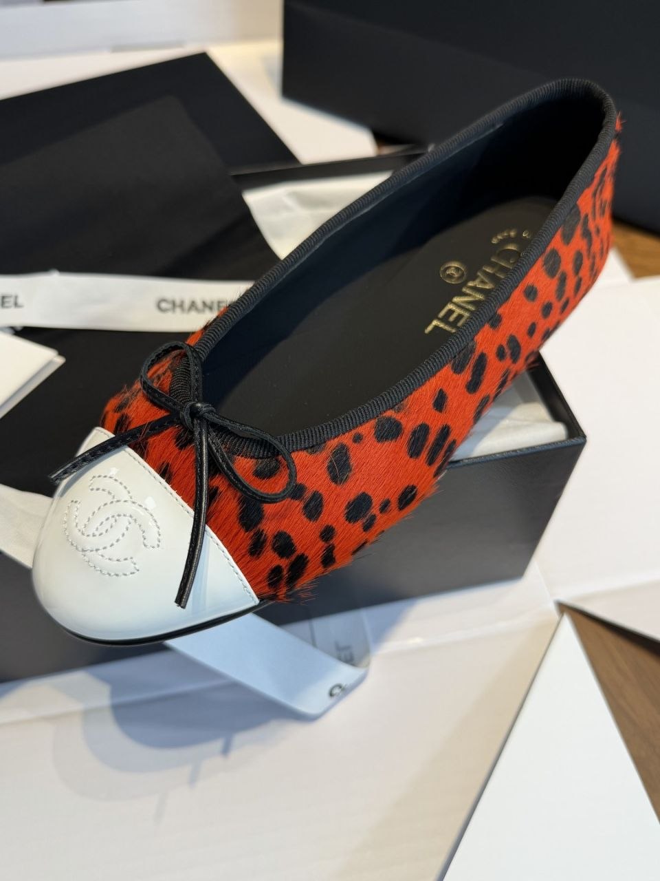 Chanel Red Leopard Print Pony Hair Ballet Flats with White Leather Cap Toe