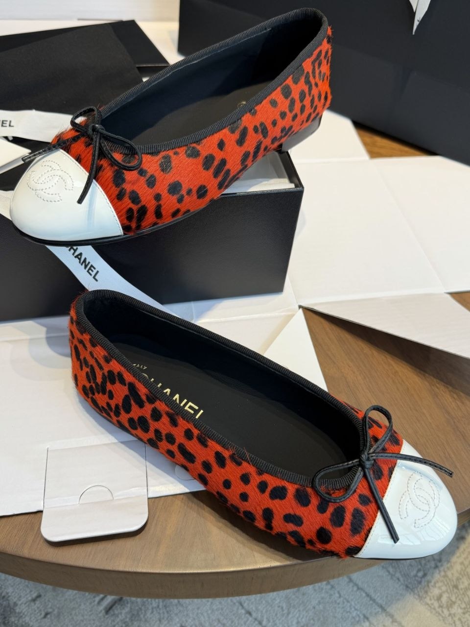 Chanel Red Leopard Print Pony Hair Ballet Flats with White Leather Cap Toe