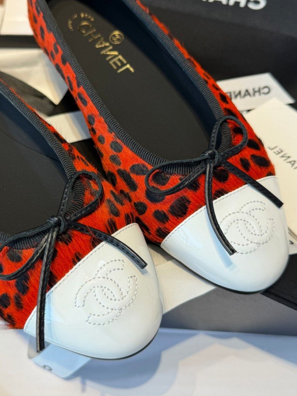 Chanel Red Leopard Print Pony Hair Ballet Flats with White Leather Cap Toe