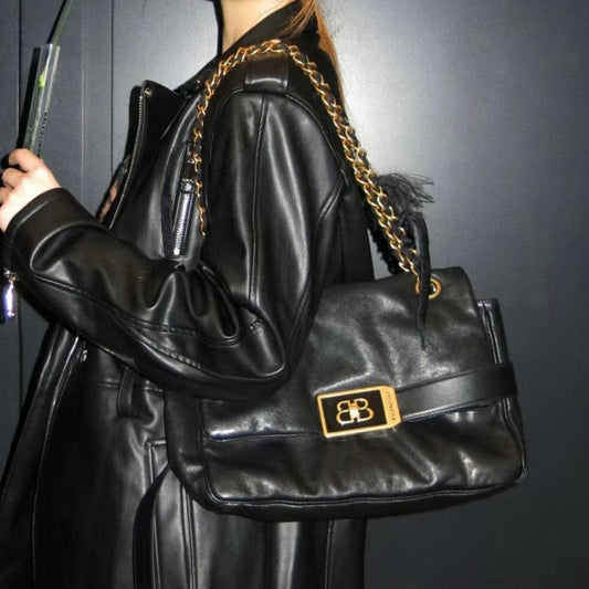 Balenciaga Monaco Large Black Leather Chain Shoulder Bag