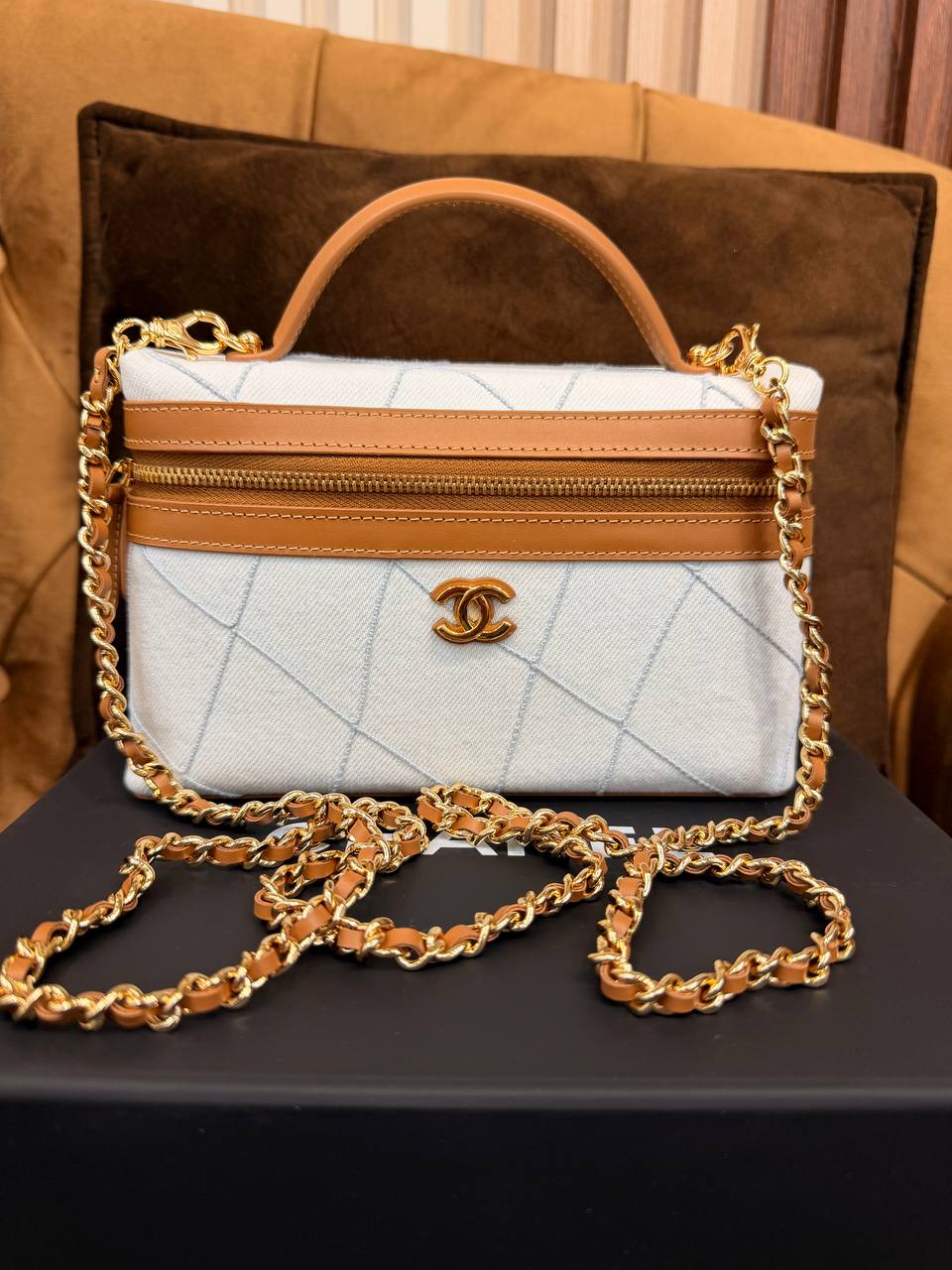 Chanel Light Blue Denim Vanity Top Handle Bag with Tan Leather Trim & Gold Hardware