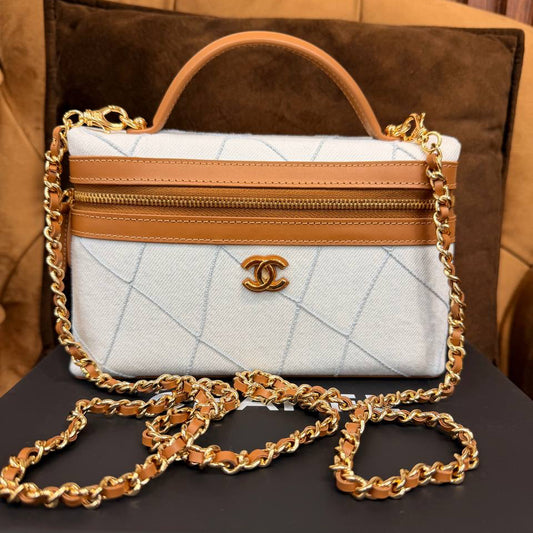 Chanel Light Blue Denim Vanity Top Handle Bag with Tan Leather Trim & Gold Hardware