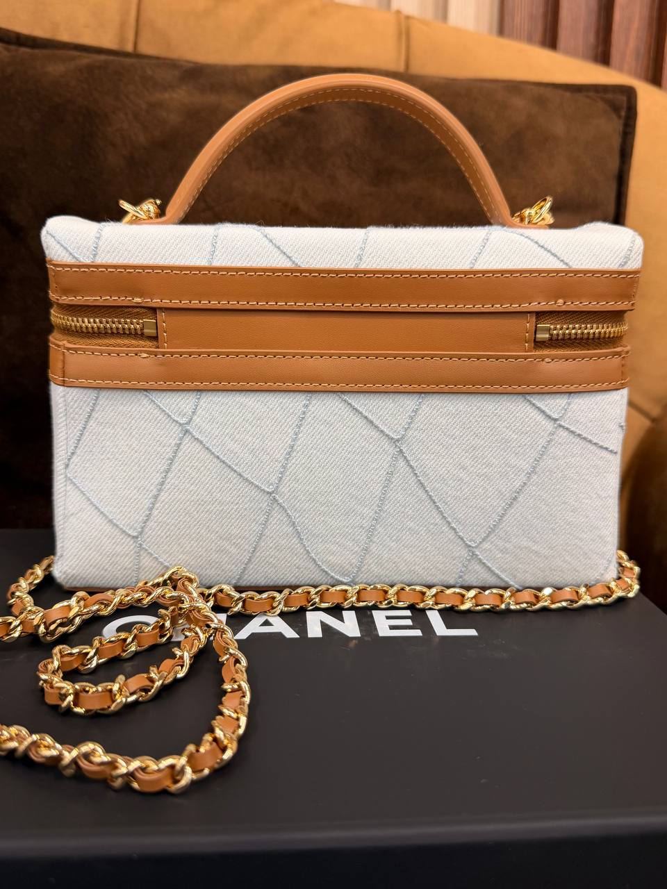 Chanel Light Blue Denim Vanity Top Handle Bag with Tan Leather Trim & Gold Hardware
