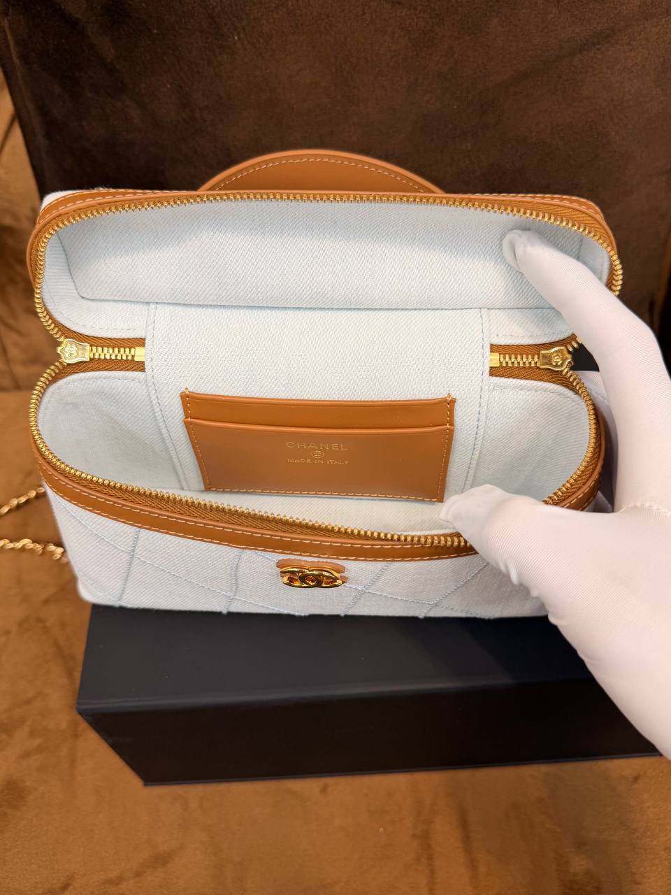 Chanel Light Blue Denim Vanity Top Handle Bag with Tan Leather Trim & Gold Hardware