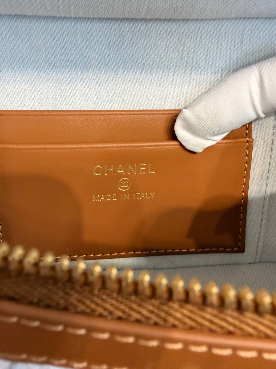 Chanel Light Blue Denim Vanity Top Handle Bag with Tan Leather Trim & Gold Hardware
