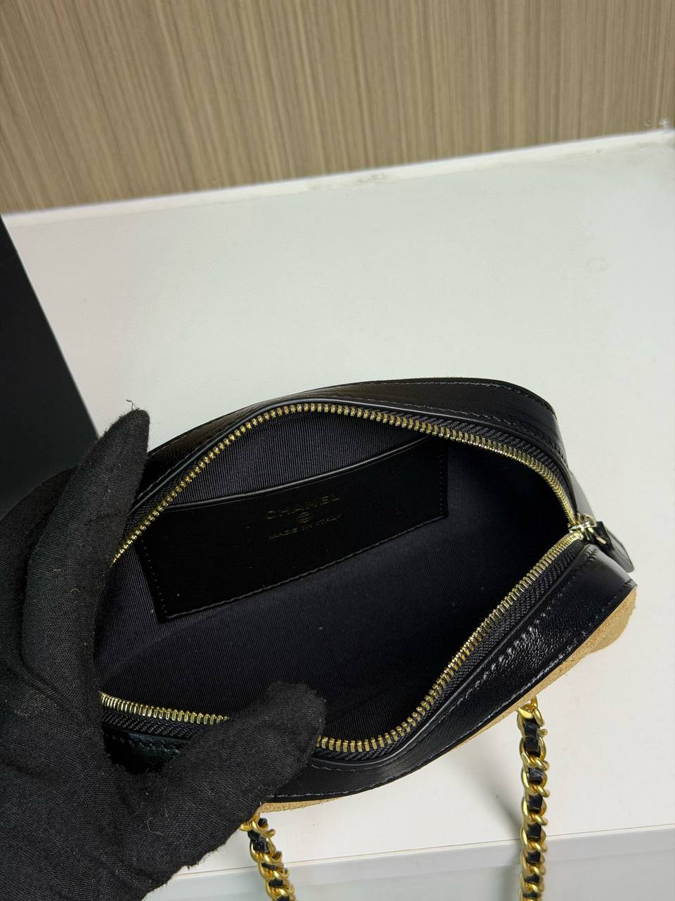 Chanel Black Crocodile-Embossed Leather Vanity Case with Top Handle & Gold Chain