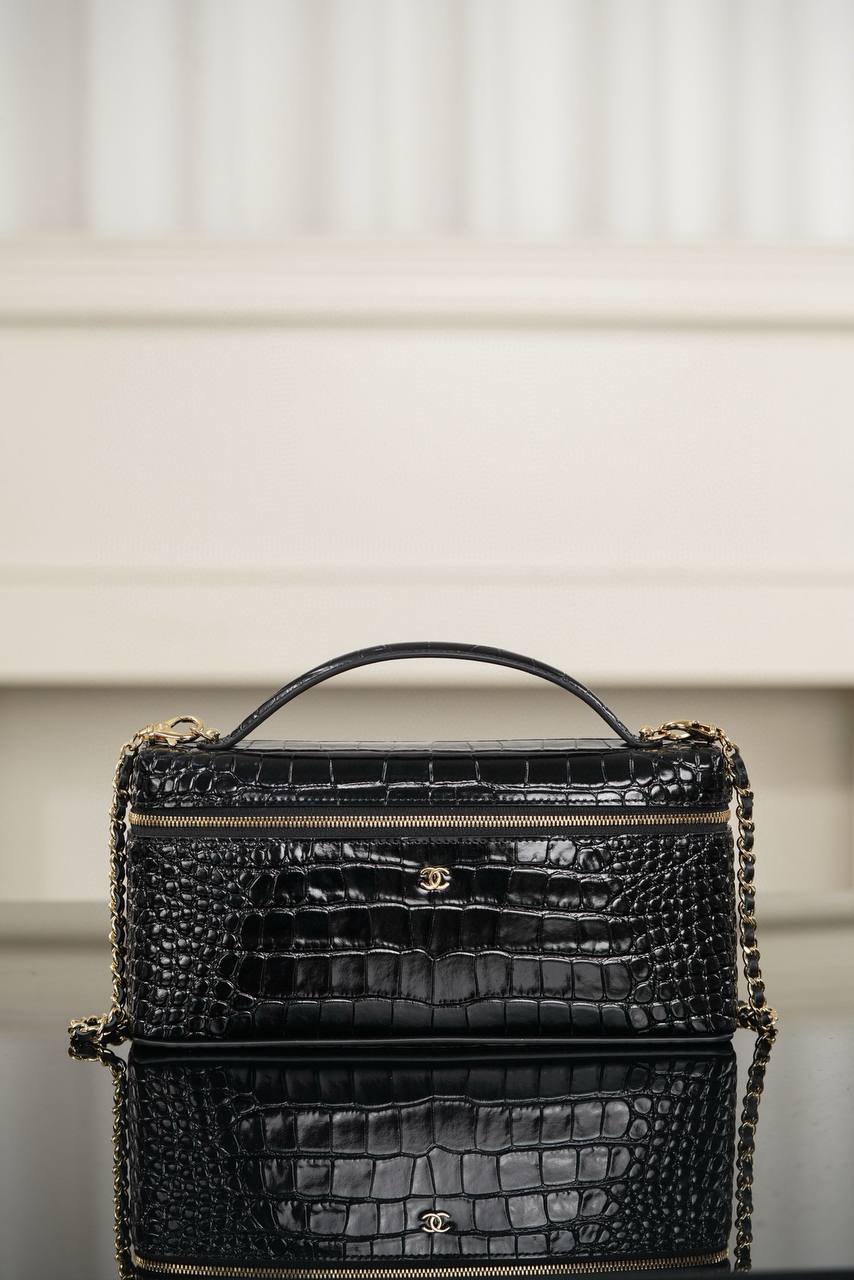 Chanel Black Crocodile-Embossed Leather Vanity Case with Top Handle & Gold Chain