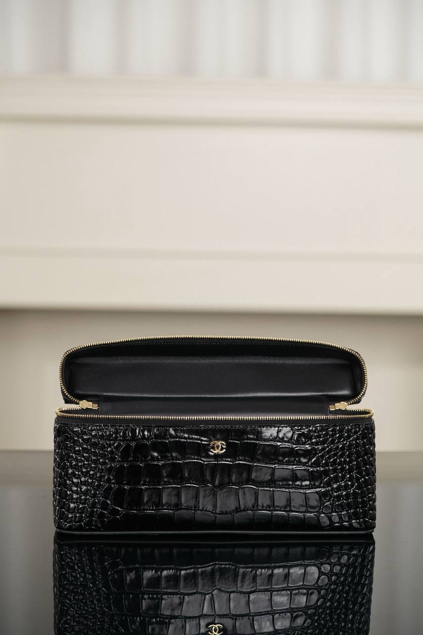 Chanel Black Crocodile-Embossed Leather Vanity Case with Top Handle & Gold Chain