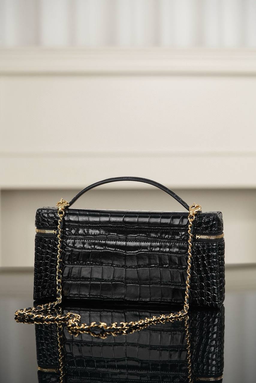 Chanel Black Crocodile-Embossed Leather Vanity Case with Top Handle & Gold Chain