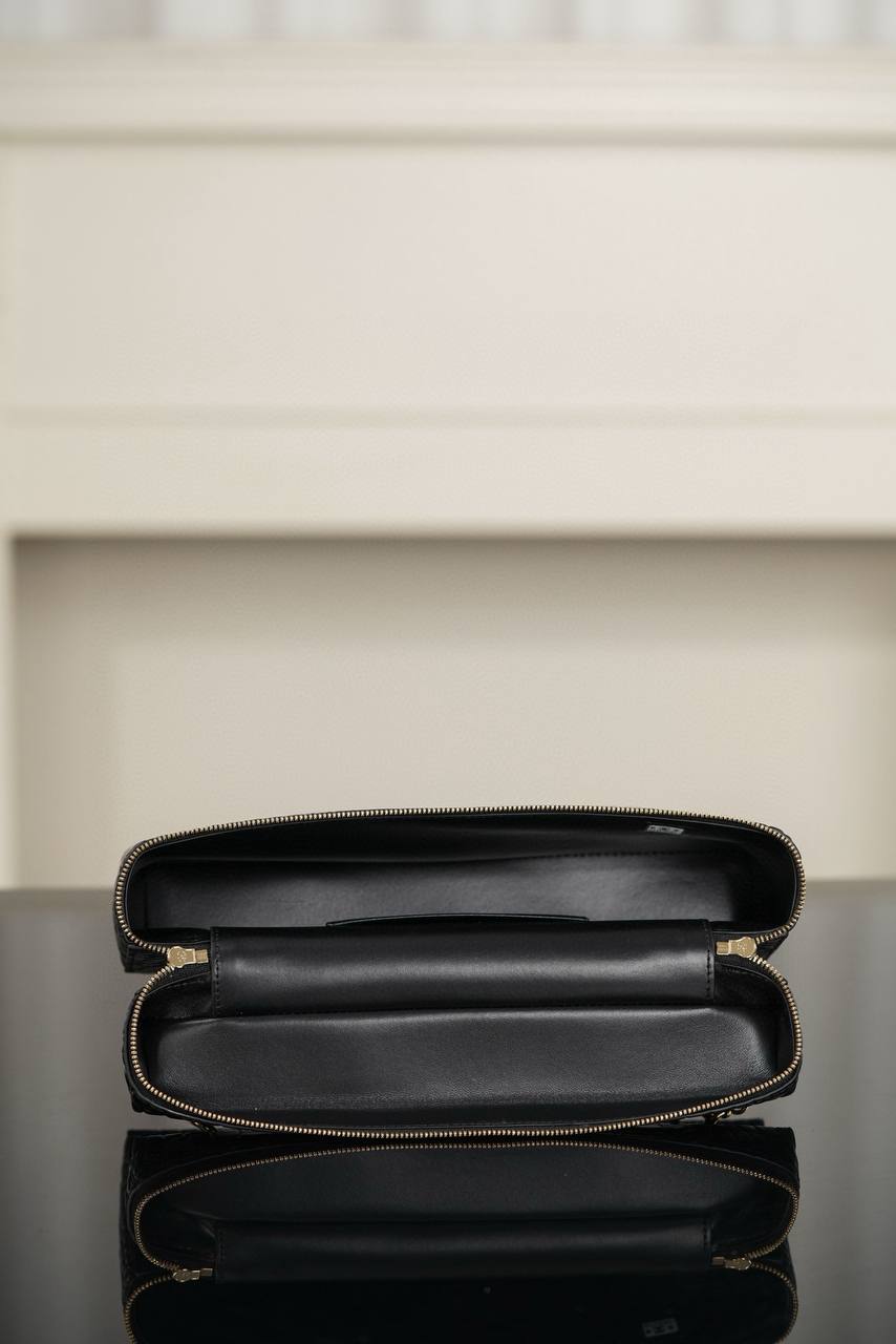 Chanel Black Crocodile-Embossed Leather Vanity Case with Top Handle & Gold Chain