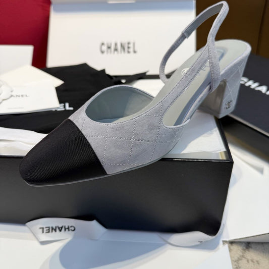 Chanel Gray Quilted Suede Slingback Pumps with Black Cap Toe