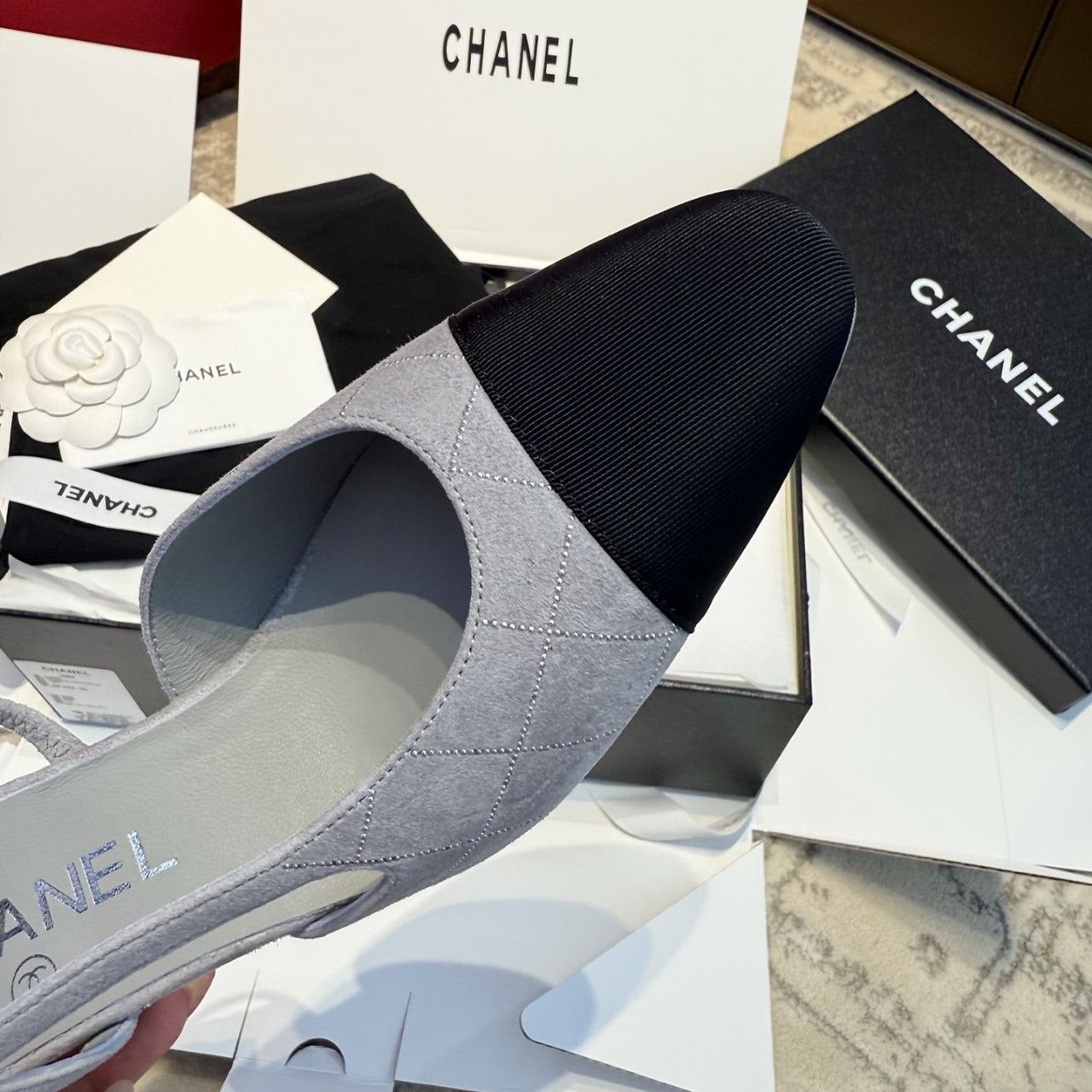 Chanel Gray Quilted Suede Slingback Pumps with Black Cap Toe