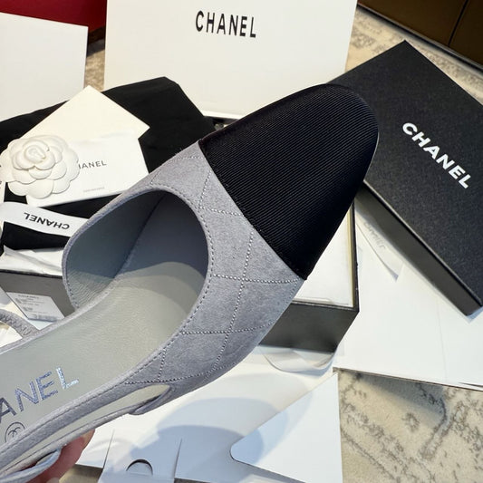 Chanel Gray Quilted Suede Slingback Pumps with Black Cap Toe