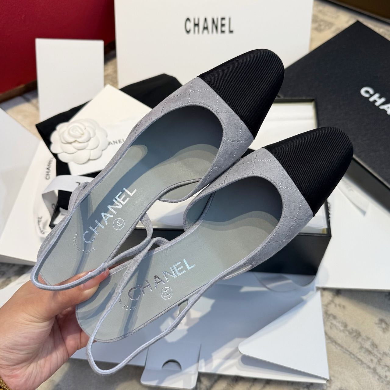 Chanel Gray Quilted Suede Slingback Pumps with Black Cap Toe