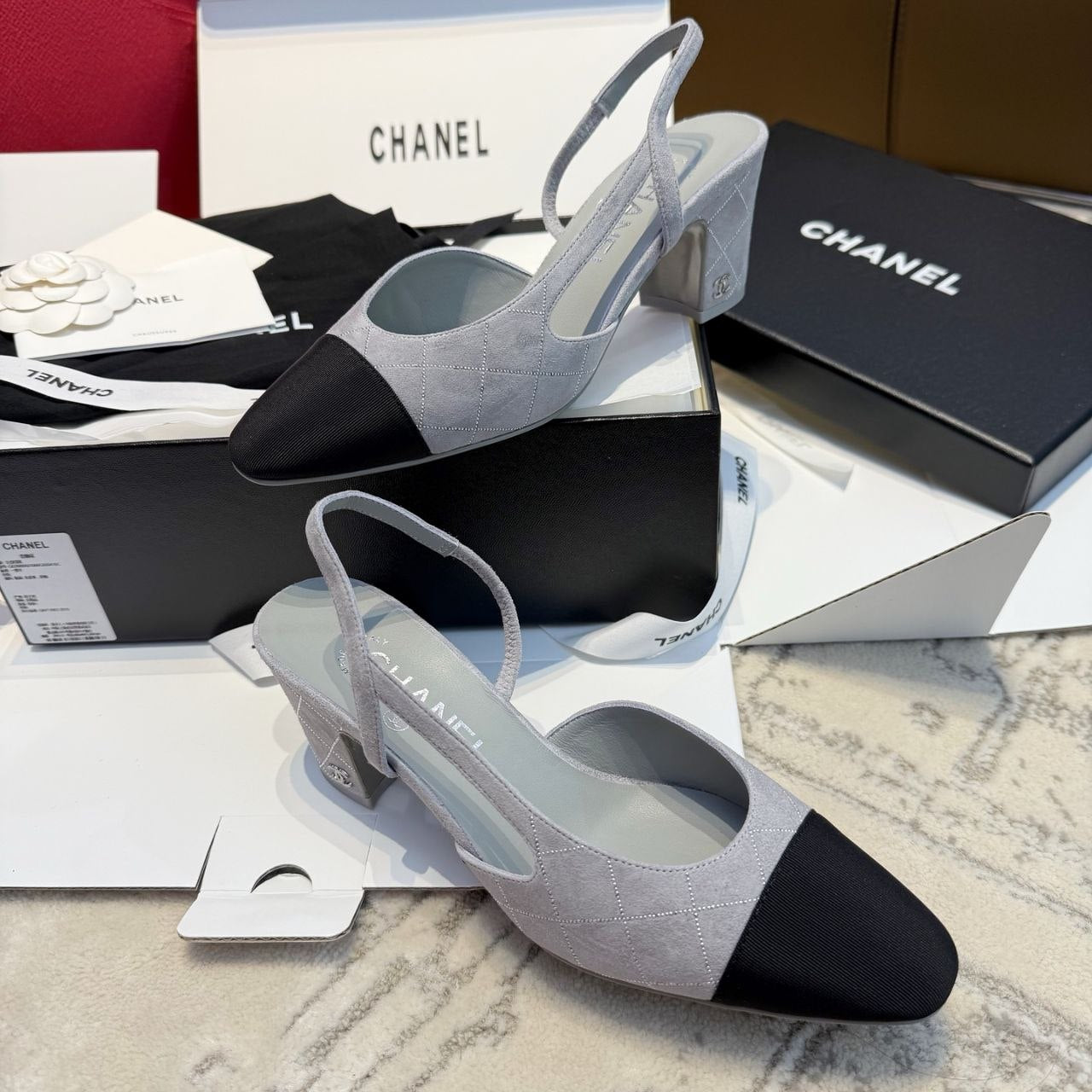 Chanel Gray Quilted Suede Slingback Pumps with Black Cap Toe