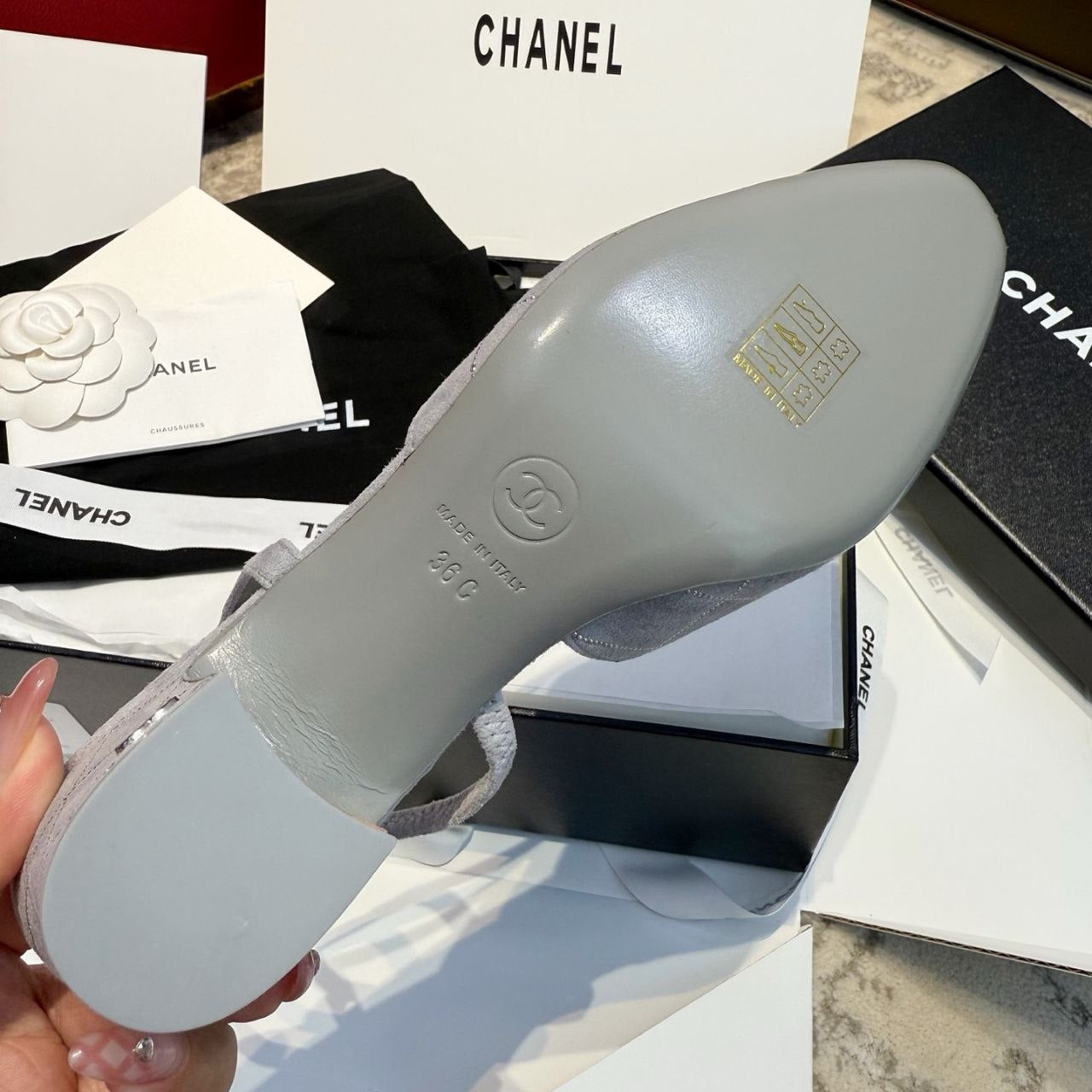 Chanel Gray Quilted Suede Slingback Pumps with Black Cap Toe