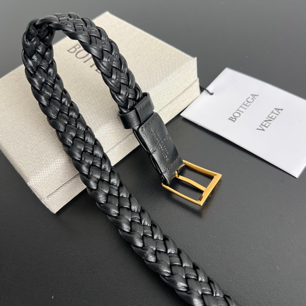 Bottega Veneta Intrecciato Black Woven Leather Belt with Gold Buckle