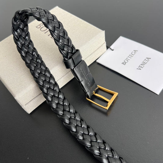 Bottega Veneta Intrecciato Black Woven Leather Belt with Gold Buckle