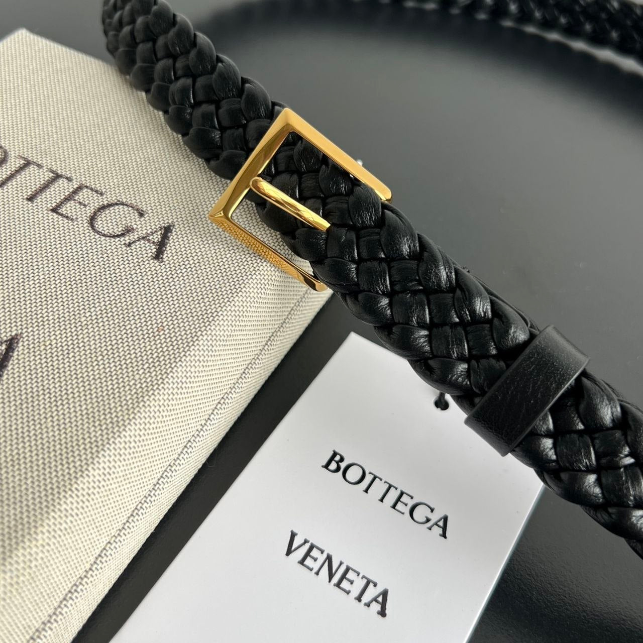 Bottega Veneta Intrecciato Black Woven Leather Belt with Gold Buckle