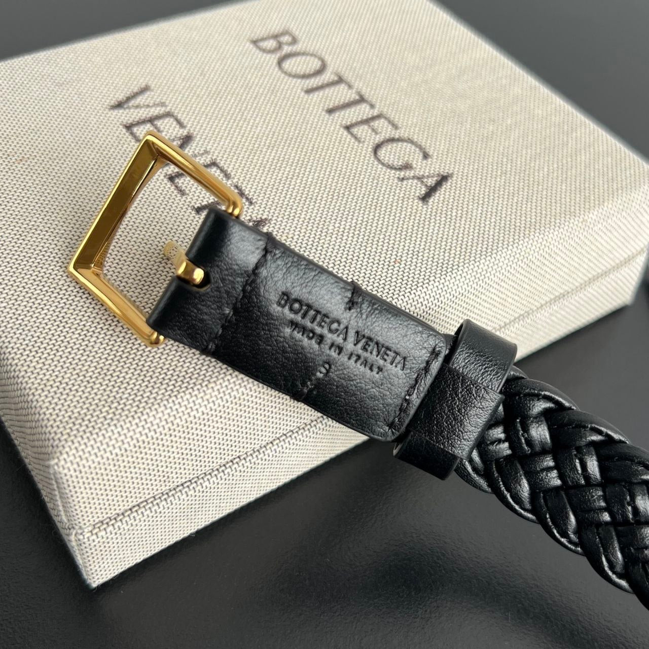 Bottega Veneta Intrecciato Black Woven Leather Belt with Gold Buckle