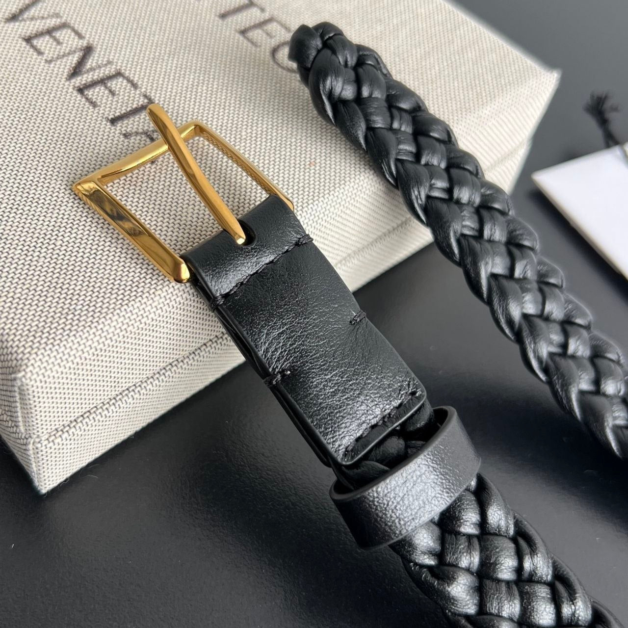 Bottega Veneta Intrecciato Black Woven Leather Belt with Gold Buckle