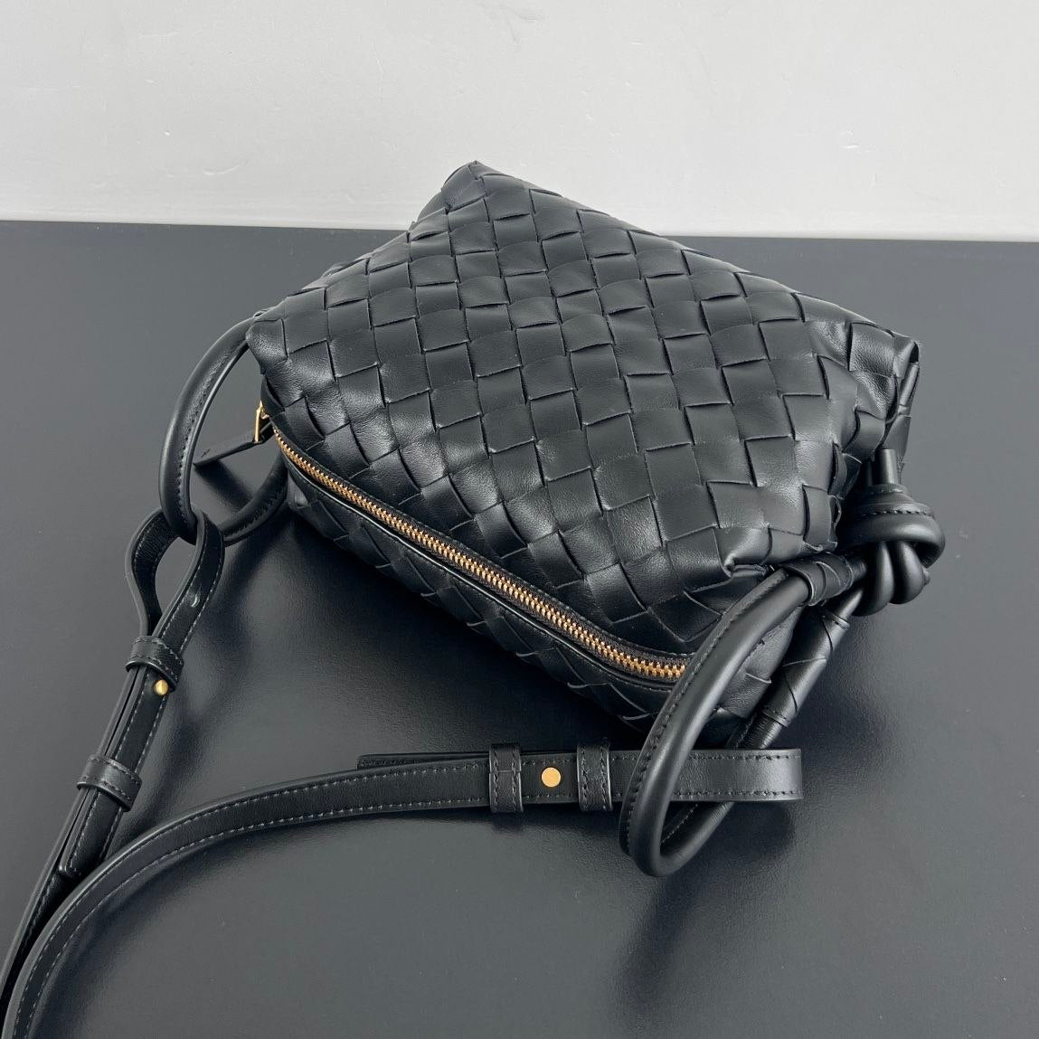 Bottega Veneta Intrecciato Black Woven Leather Shoulder Bag with Knot Handles