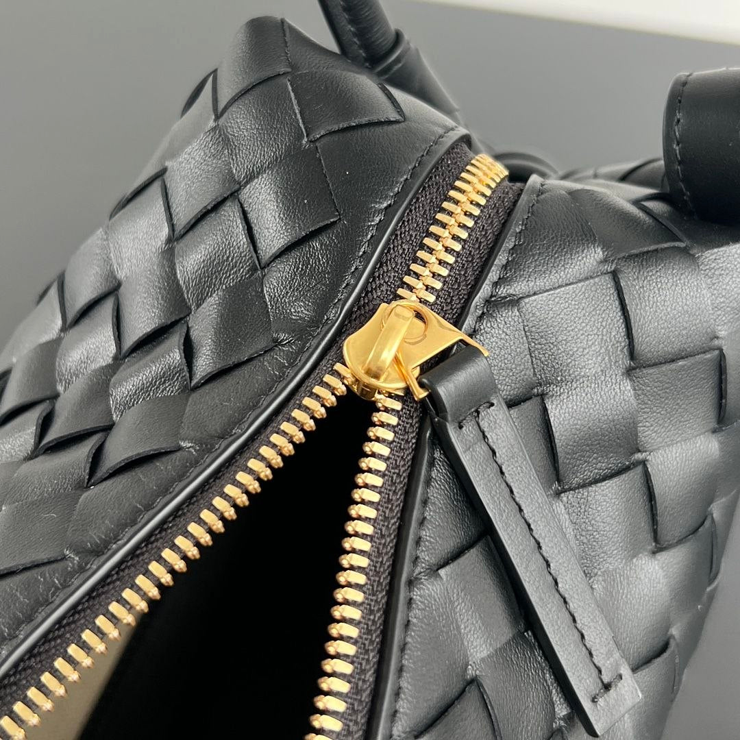Bottega Veneta Intrecciato Black Woven Leather Shoulder Bag with Knot Handles