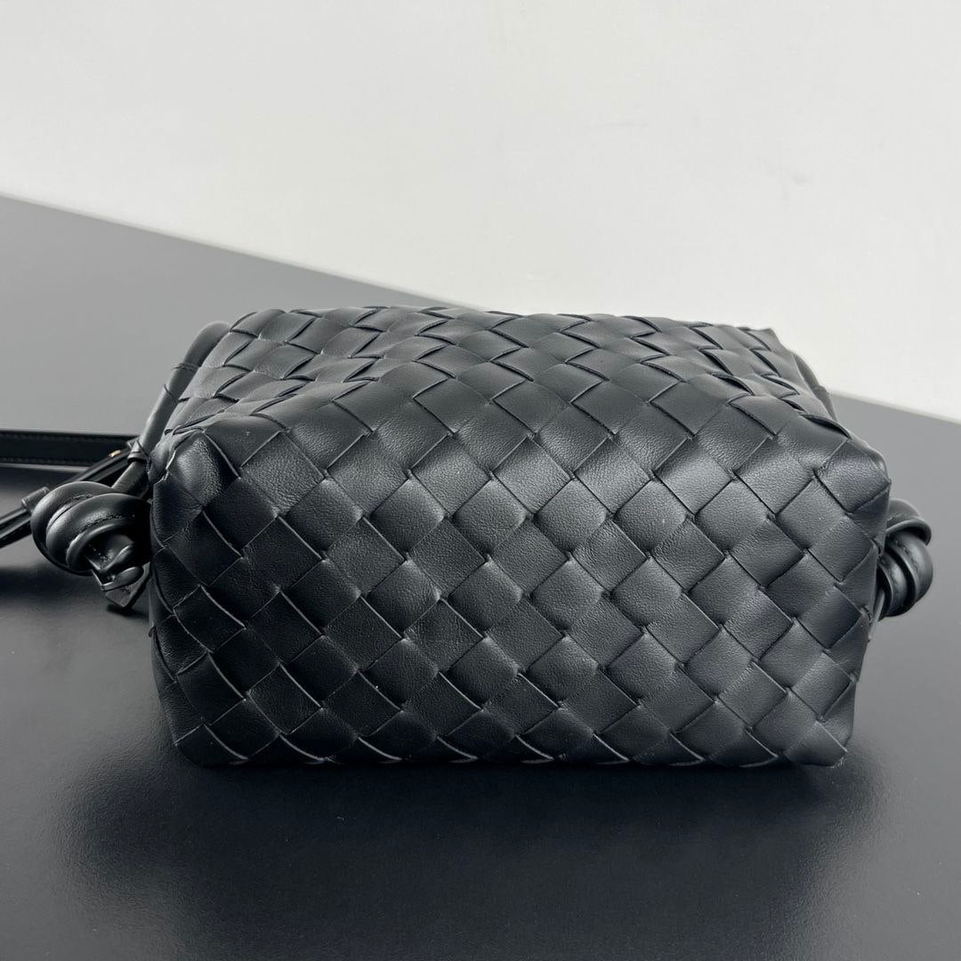 Bottega Veneta Intrecciato Black Woven Leather Shoulder Bag with Knot Handles
