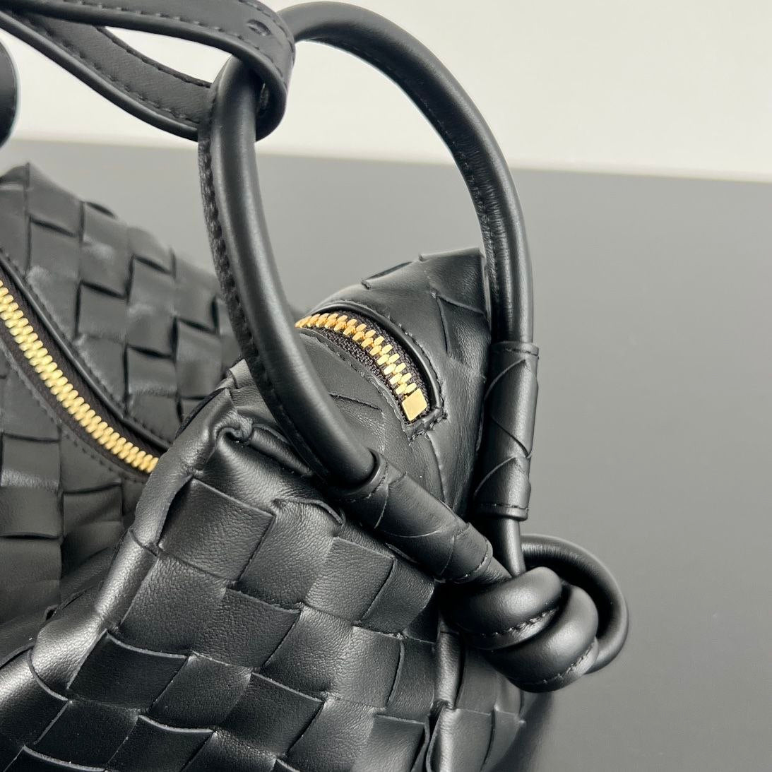 Bottega Veneta Intrecciato Black Woven Leather Shoulder Bag with Knot Handles